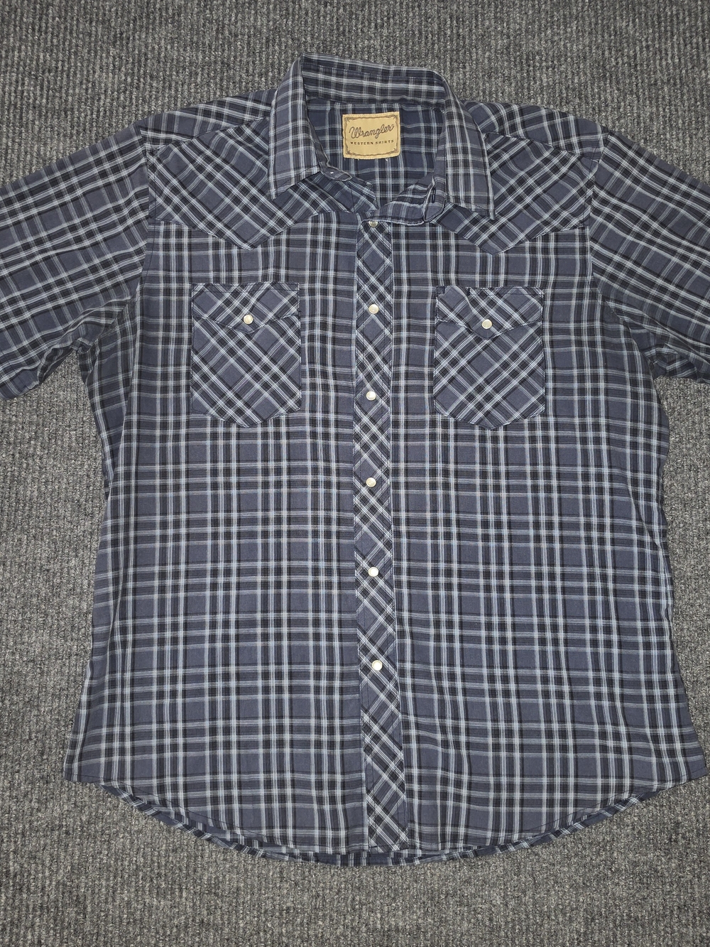 Wrangler Navy and Light Blue Plaid Short-Sleeve Pearl Snap Shirt